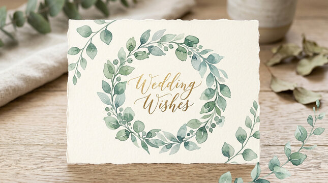 Elegant wedding wishes card with watercolor eucalyptus wreath, botanical greeting card on wooden background, rustic bridal stationery with gold calligraphy