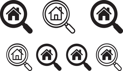 Fototapeta premium Minimalist black vector graphic illustration set of magnifying glass tools searching for residential house icons isolated on transparent background