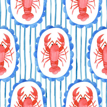 Seamless watercolor striped pattern. Mediterranean. Whimsical frames with lobsters