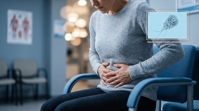 Woman holding stomach pain in clinic waiting room with gut bacteria overlay, healthcare diagnosis concept