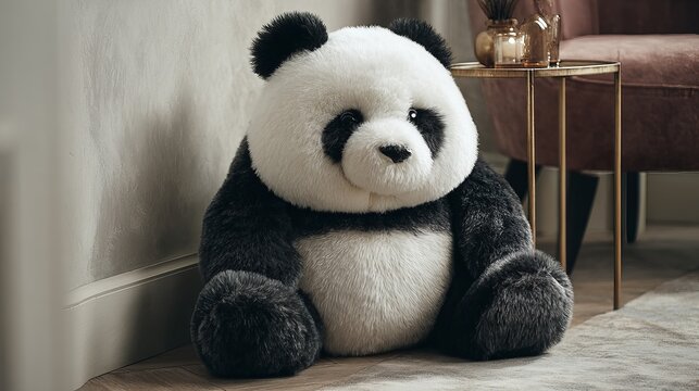 Large fluffy panda plush toy sitting on the floor in a bright modern cozy room