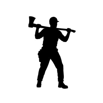 A man in a hat holds an axe on his shoulder.