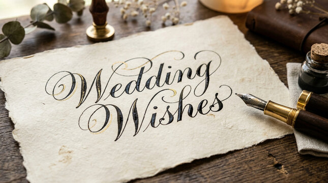 Vintage wedding wishes calligraphy on handmade paper, elegant marriage greeting card with fountain pen and ink, rustic stationery on wooden desk