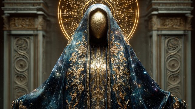 Divine faceless entity wearing a majestic navy velvet cloak adorned with intricate shimmering golden embroidery patterns