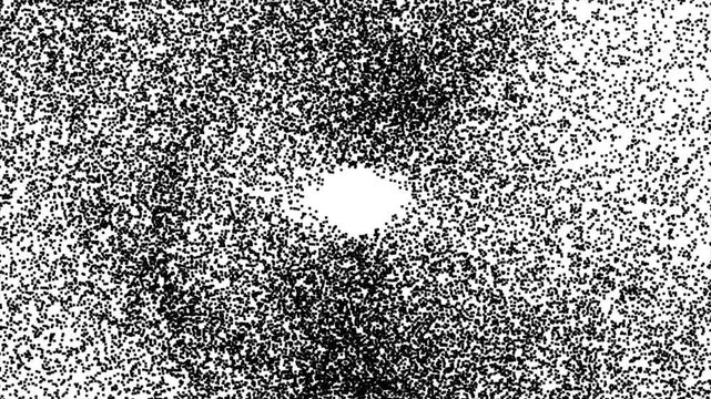Abstract particle matte transition loop featuring a swirling cyclone vortex of dense black sand and dust particles moving with gravity simulation, transitioning from a solid black screen to white loop