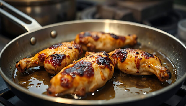 Grilled chicken drumsticks with crispy skin on a pan. Juicy barbecue poultry legs sizzling in a cast iron skillet for a savory meal.