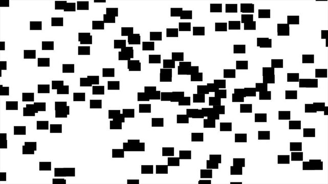 Geometric block noise wipe transition animation loop featuring scattering white and black pixel squares transitioning from a solid black screen to a solid white screen and reversing back to black