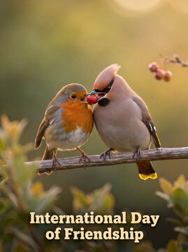 International Friendship Day Birds, Cute colorful birds sharing berries symbolizing friendship love and togetherness vector illustration