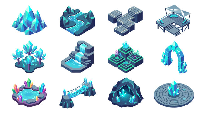 Collection of isometric fantasy game assets featuring crystals, waterfalls, bridges, and caves.
