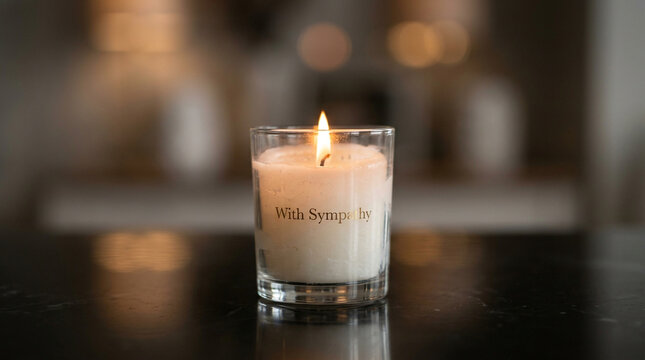 Sympathy candle with flickering flame in glass jar, memorial candle for mourning and grief, white wax candle with sympathy text on dark surface