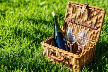 Obraz premium Wicker picnic basket with wine bottle and two glasses sits on green grass. Sunny day invites outdoor relaxation and enjoyment. Perfect for romantic dates or family outings.