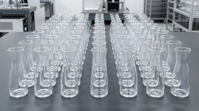 Many empty glass carafes arranged on a dark table in a professional lab