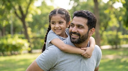 Fototapeta premium Indian Father and Daughter Smiling During Piggyback Ride in Green Park, Family Bonding, Happy Parenting, Outdoor Lifestyle, Realistic Minimalist Microstock Portrait