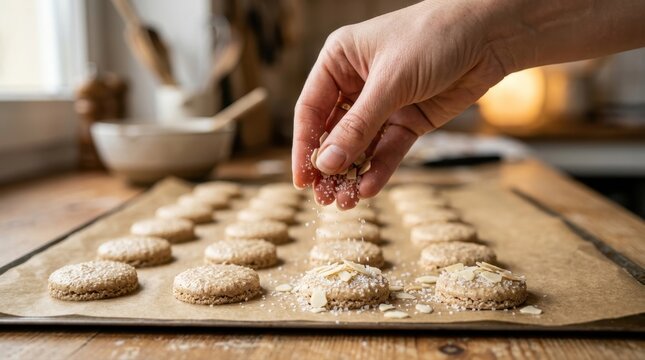 Hand sprinkling sliced almonds and sugar over fresh homemade cookies