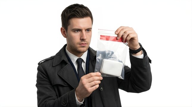 Detective holding plastic evidence bag with unknown object isolated on white