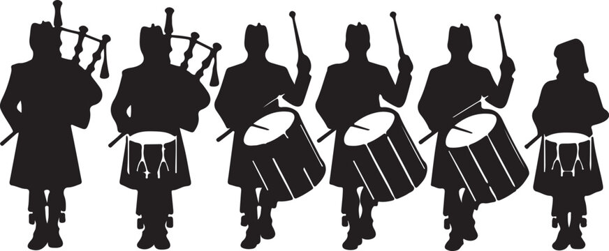 Marching band silhouette with bagpipes and drums on a white background