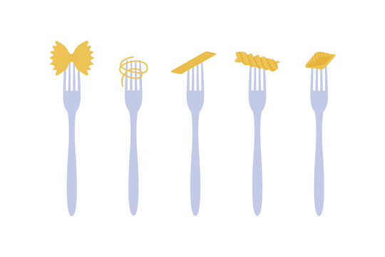 Pastel Blue Forks Holding Various Golden Italian Pasta Shapes Flat Set