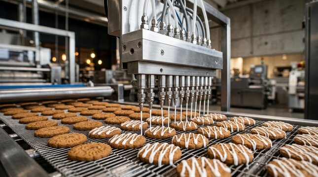 Automated machine decorating cookies on conveyor belt in a factory