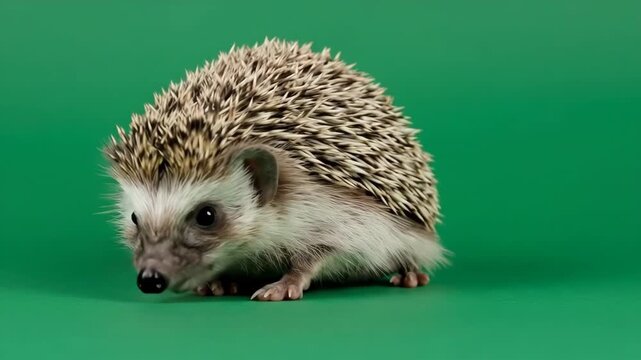 A small african pygmy hedgehog posing against a vivid green background