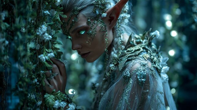 Ethereal forest elf with glowing eyes and intricate floral adornments stands within a dark magical landscape
