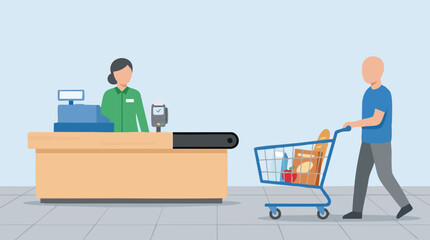 Customer with full shopping cart approaches cashier at supermarket checkout © Arfa