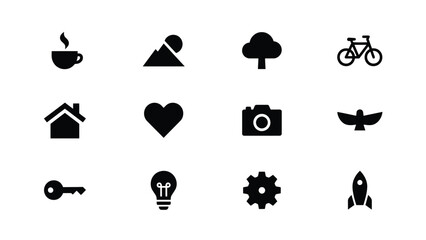 Modern minimalist icon set featuring everyday symbols in bold black flat design style with each representing diverse everyday themes such travel © Pronab