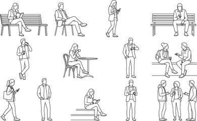 Obraz premium Set of People in Various Casual Daily Life Activities and Urban Scenes Line Art Illustration Collection