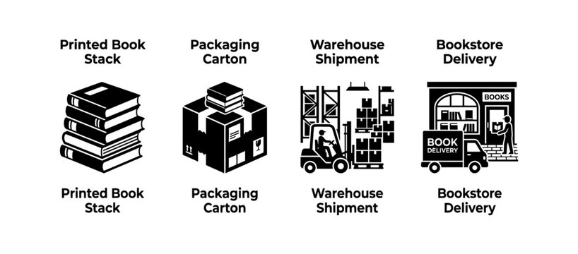 Illustrations outlining the sequential journey of a book, covering its initial printing, packaging, warehouse distribution, and final delivery to a bookstore