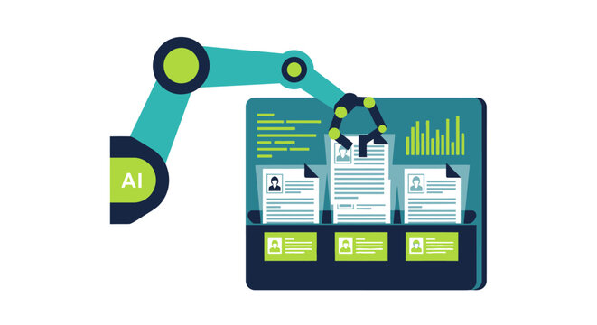 AI Robotic Arm Sorting Resumes for Recruitment, Artificial Intelligence in Human Resources and Automated Hiring Process Illustration