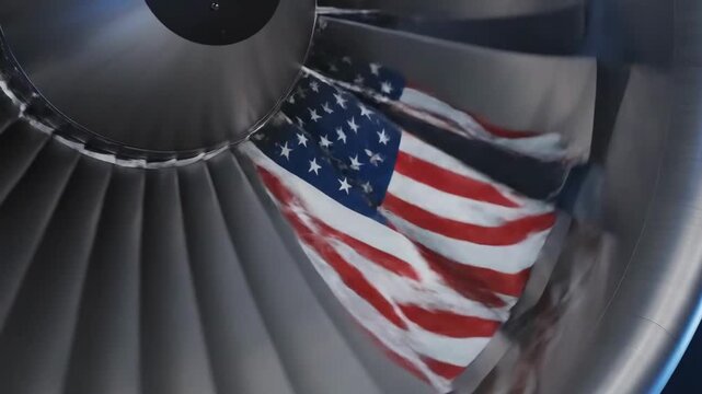 American flag reflection on a spinning jet engine turbine for 4th july patriotic travel and aviation concepts during independence day celebrations