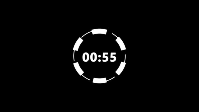 60 second countdown timer animation from 60 seconds to 0 seconds on a transparent background, sixty seconds countdown timer with alpha channel in 4k with dashes circle