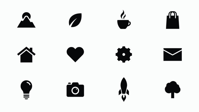 Minimalist black icons set featuring home love gear shopping coffee mail camera tree lightbulb rocket with modern flat design style against neutral white background