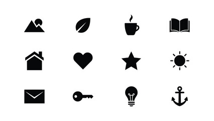 Minimalist black icons set featuring home love learning and creativity symbols on light background with inspiration through universally recognizable shapes house © Pronab