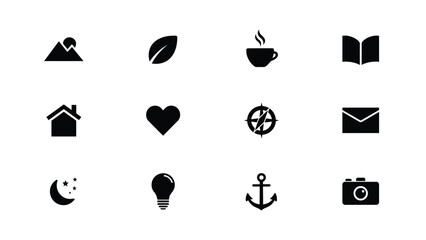 Minimalist flat icons set featuring lifestyle travel and daily life symbols with all rendered high contrast black white modern each representing diverse themes travel © Pronab