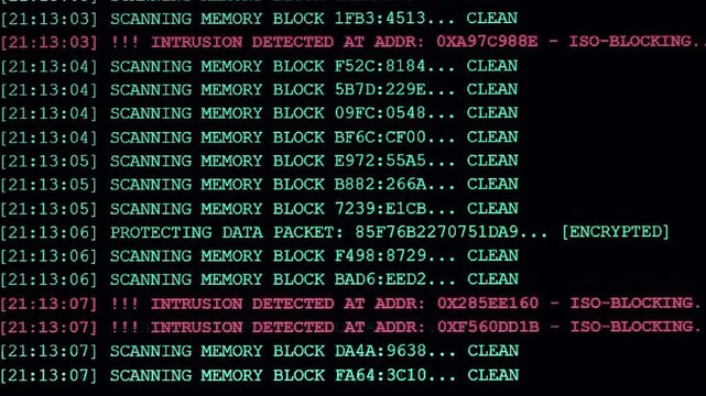 Cyber security system scanning memory blocks and blocking computer network intrusion. Concept of digital firewall active defense protecting encrypted data server.