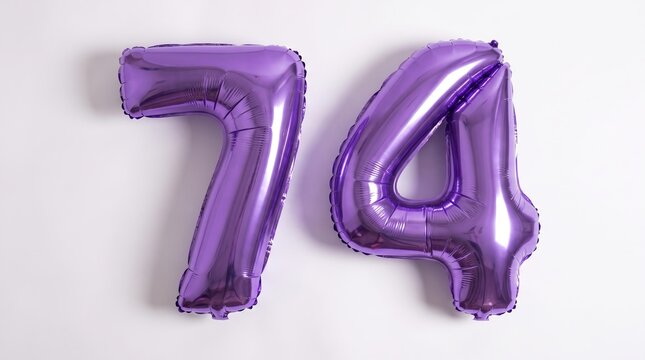 Shiny purple metallic foil balloons shaped like the number seventy four reflecting soft studio light on a bright white surface