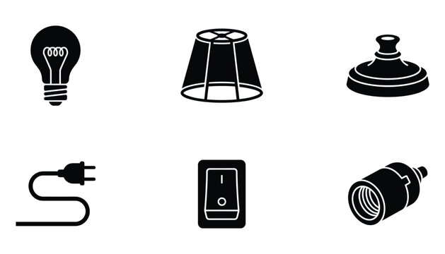 Set of lighting icons featuring electrical components for home design in flat vector illustration.