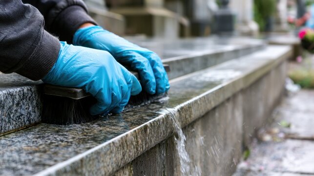Person wearing blue protective glove cleaning outdoor granite stone surface using brush detailed close up image of hand wiping countertop with water and soap