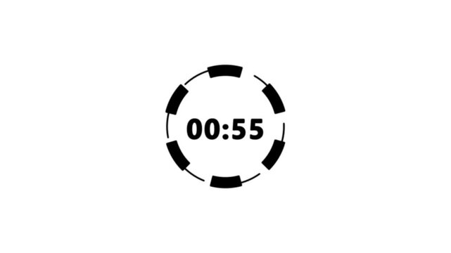 60 second countdown timer animation from 60 seconds to 0 seconds on a transparent background, sixty seconds countdown timer with alpha channel in 4k with dashes circle