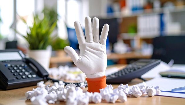 White gloved hand gesturing up amid office workspace clutter