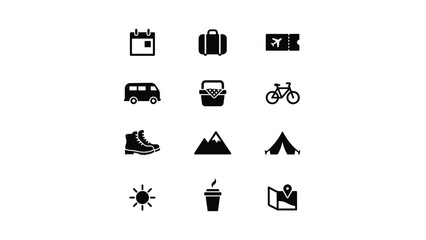 Minimalist black icons set featuring travel and adventure essentials in flat design style with each representing travel outdoor adventure themes such luggage © Pronab