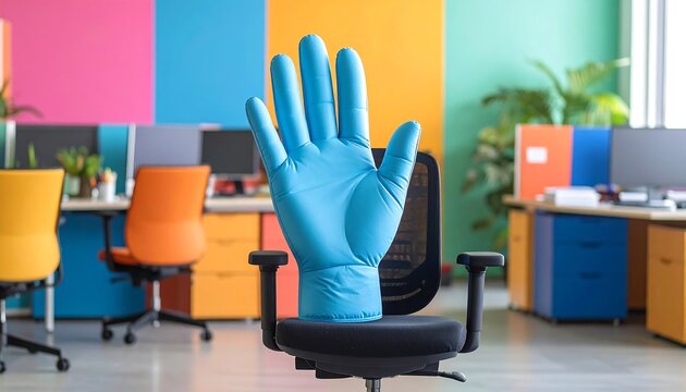 Blue medical glove symbolizing safety and protection in modern office