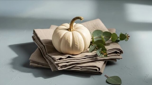 A small white pumpkin resting on a stack of folded beige linen napkins