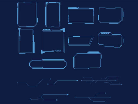 Set of futuristic digital interface frames and circuit lines for modern ui design projects.