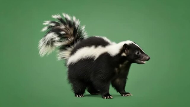 A side view of a striped skunk standing against a solid green background