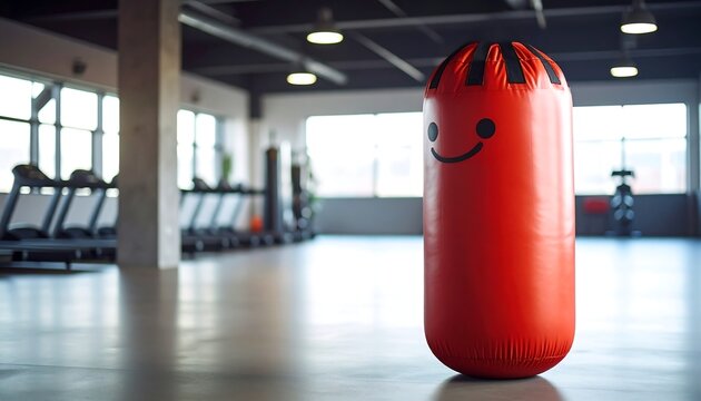 Red punching bag inside a modern gym environment
