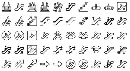 Set of escalator and elevator navigation icons for architectural wayfinding and building signage in a clean black and white line art style for accessibility and floor planning projects © Abirex