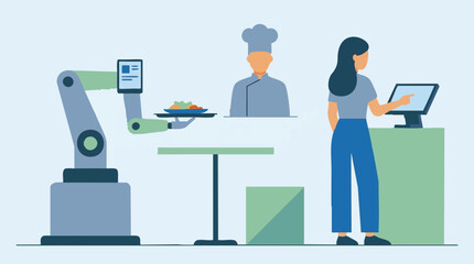 Naklejka premium Robotic Arm Serving Food in Modern Restaurant with Human Interaction