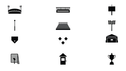 Modern minimalist sports venue icons set featuring stadiums fields and trophy with minimalist black white icons representing various sports related venues © Pronab
