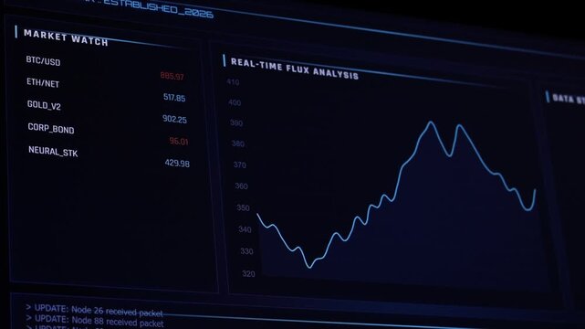 Financial trading dashboard screen displaying stock market data. Concept of cryptocurrency chart, big data analytics, automated high frequency trading algorithm on exchange platform.